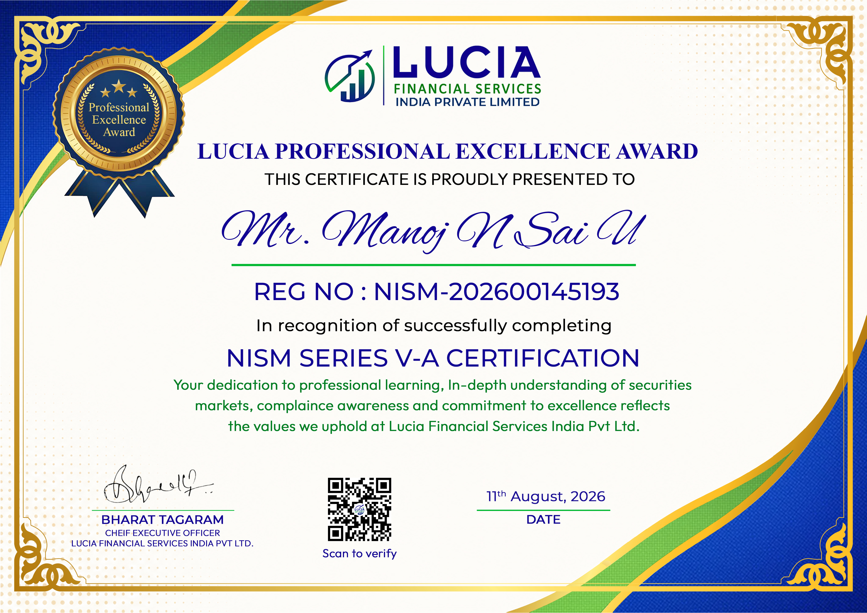 NISM V-A Certificate - Manoj